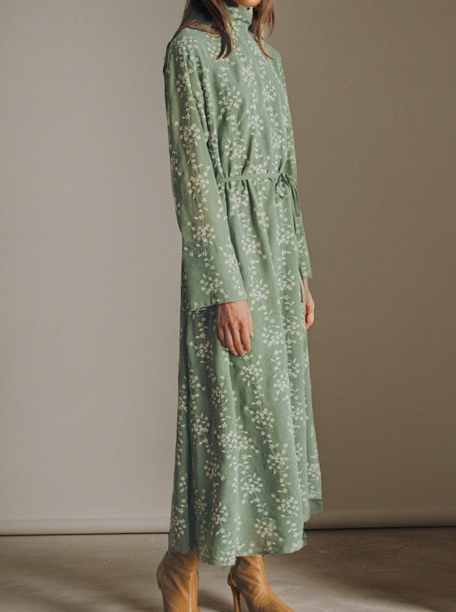 High Neck Long Sleeve Embroidered Maxi Dress