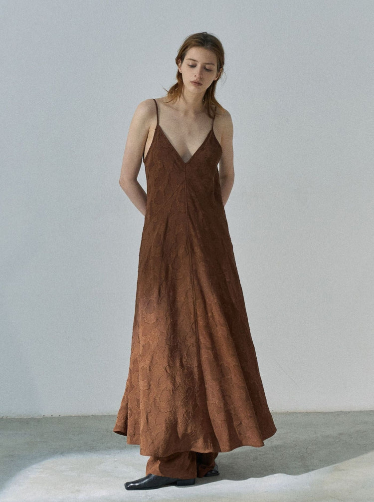 Lyocell Blend V-Neck Maxi Dress in Caramel