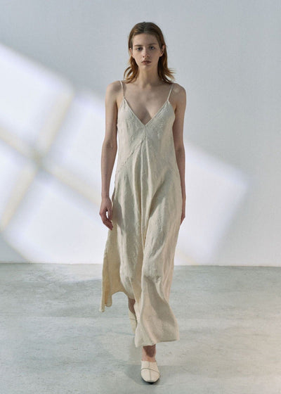 Lyocell Linen Blend V-Neck Maxi Dress in Beige