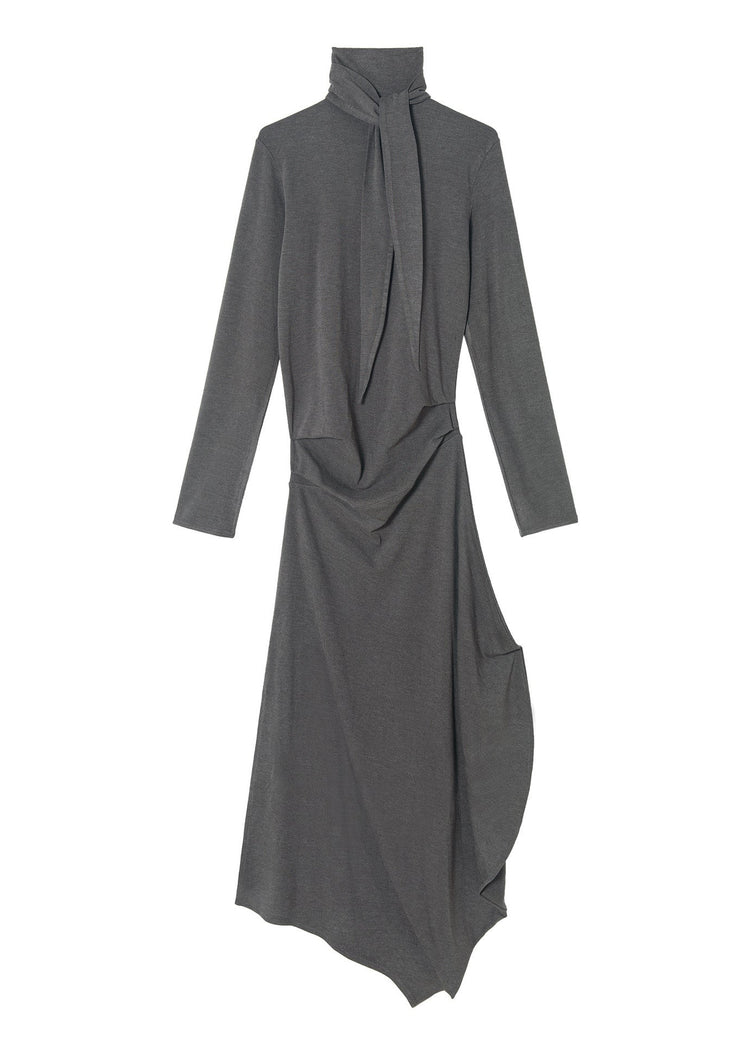 Draped Tie Collar Jersey Maxi Dress Grey