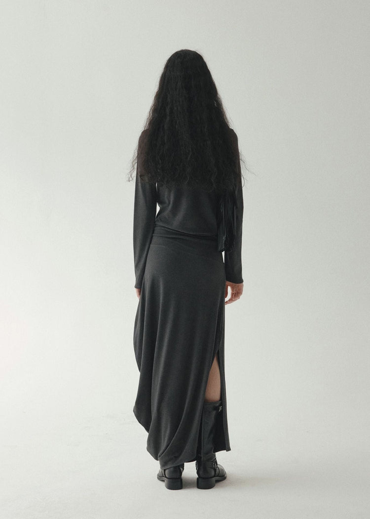 Draped Tie Collar Jersey Maxi Dress Grey