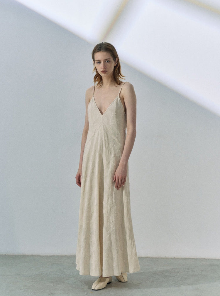 Lyocell Blend V-Neck Maxi Dress in Beige