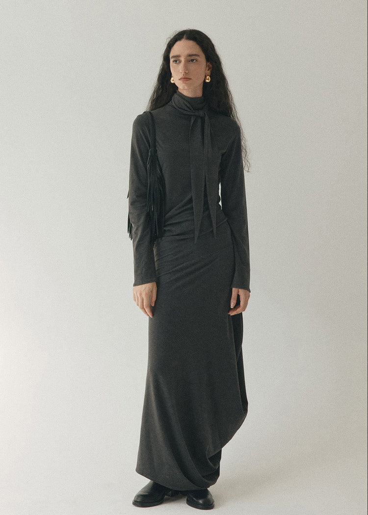 Draped Tie Collar Jersey Maxi Dress Grey