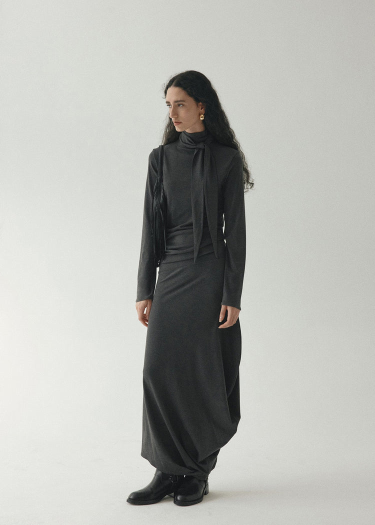 Draped Tie Collar Jersey Maxi Dress Grey