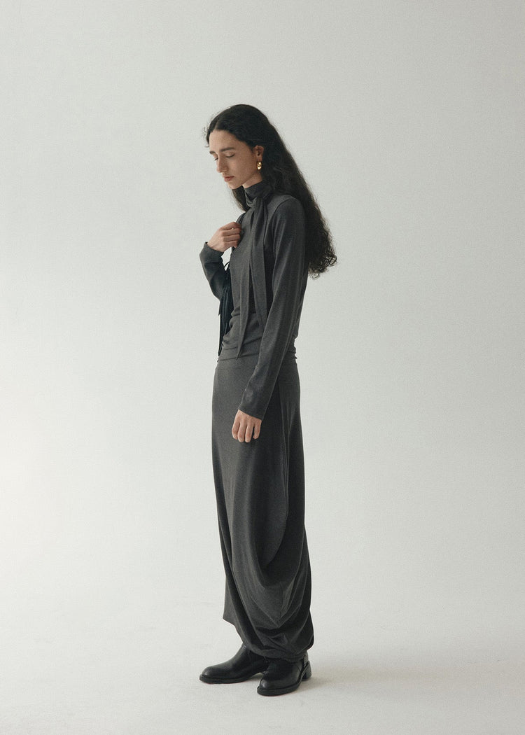 Draped Tie Collar Jersey Maxi Dress Grey