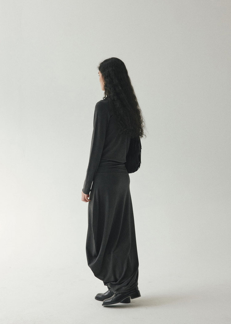 Draped Tie Collar Jersey Maxi Dress Grey