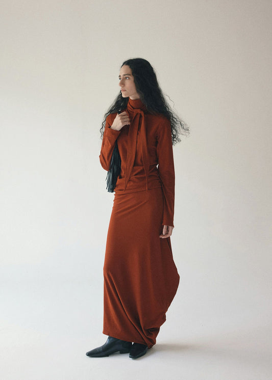 Draped Tie Collar Jersey Maxi Dress