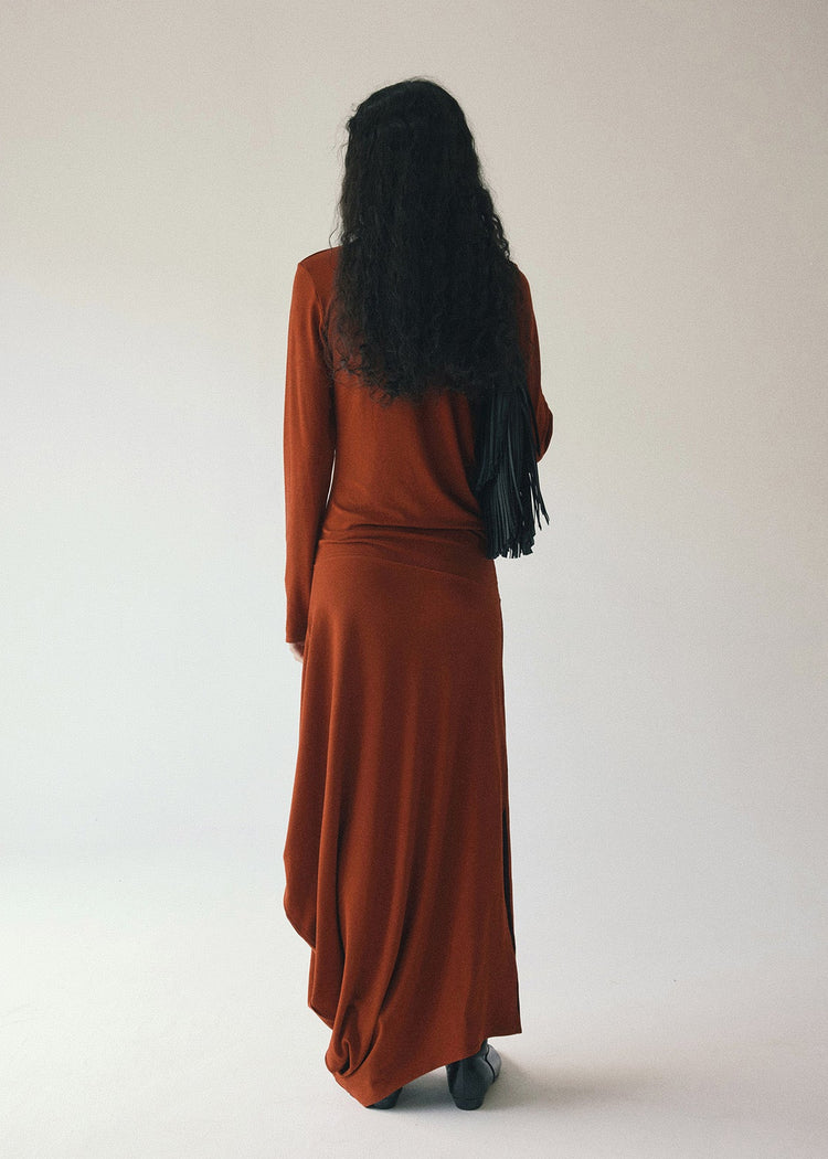 Draped Tie Collar Jersey Maxi Dress