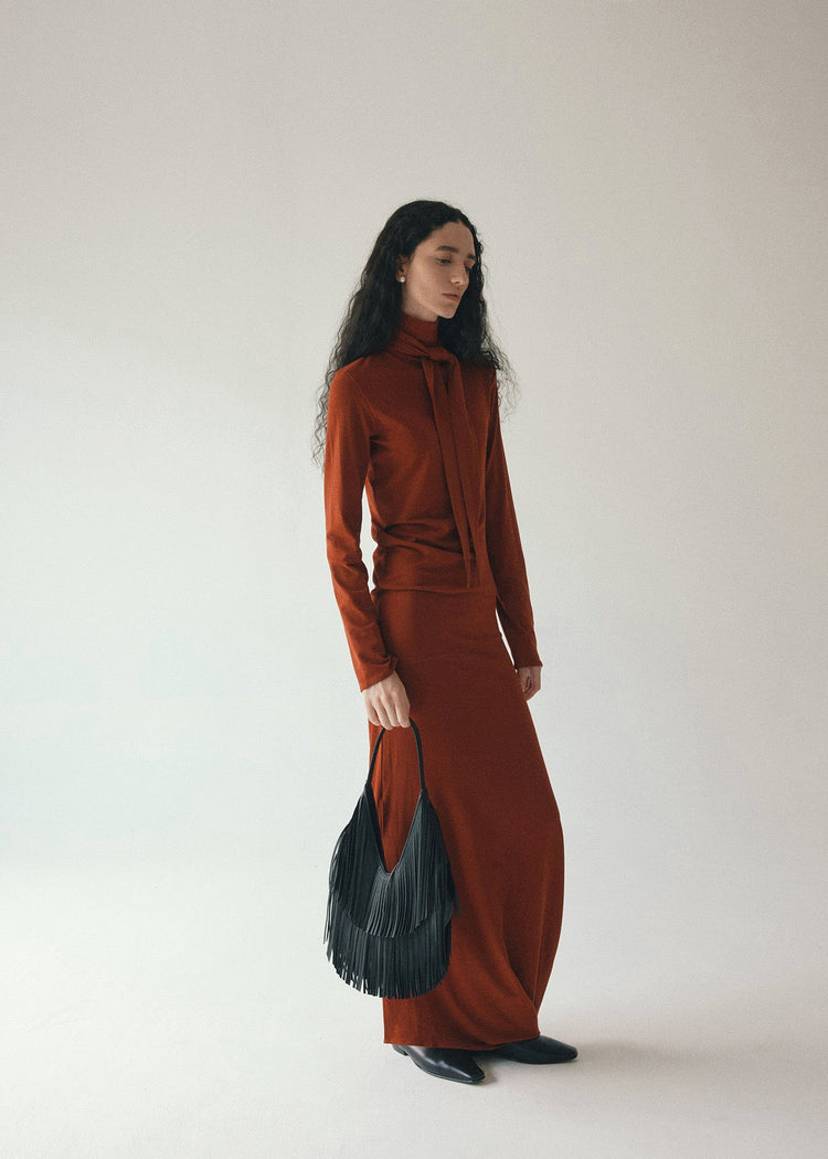 Draped Tie Collar Jersey Maxi Dress