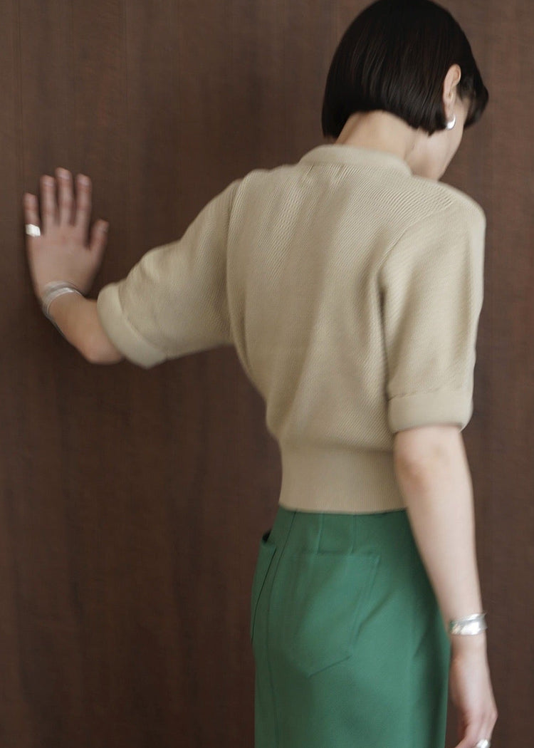 Cotton Knitted Tee with 3D Neck in Khaki
