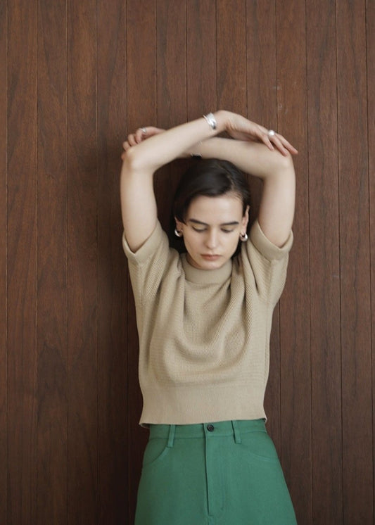 Cotton Knitted Tee with 3D Neck in Khaki