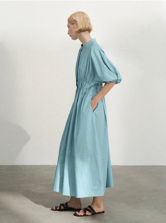 Cotton Midi Shirt Dress in Aqua