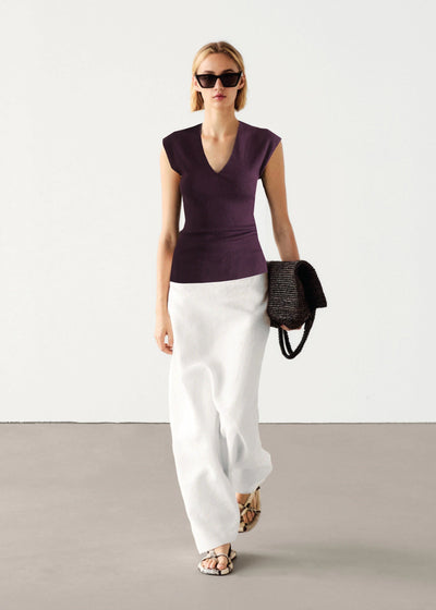 Wool Blend Knitted Rib Top in Purple