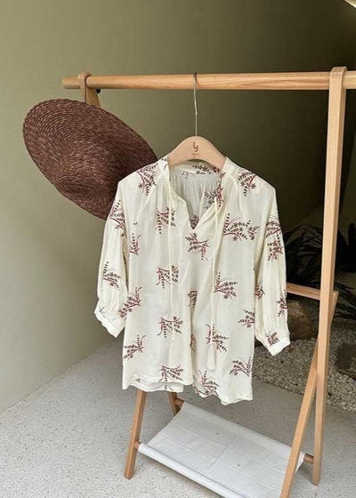 Embroidered Cotton Blend Shirt in Beige