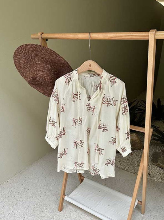 Embroidered Cotton Blend Shirt in Beige