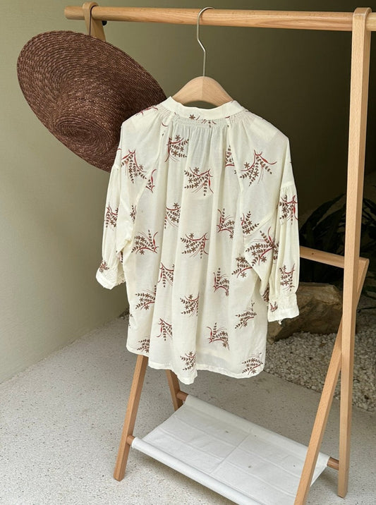 Embroidered Cotton Blend Shirt in Beige