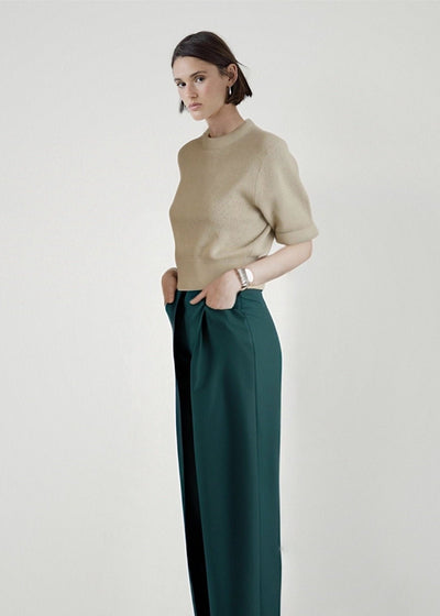 Cotton Knitted Tee with 3D Neck in Khaki