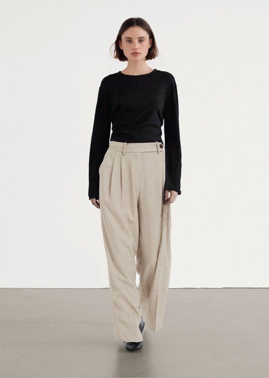 Linen Blend Pleated Trousers in Beige