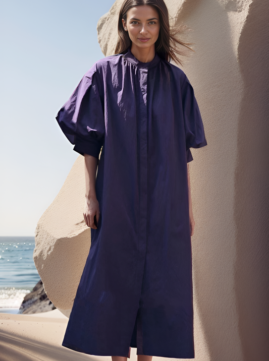 Puff Sleeve Maxi Shirt Dress - Lavender