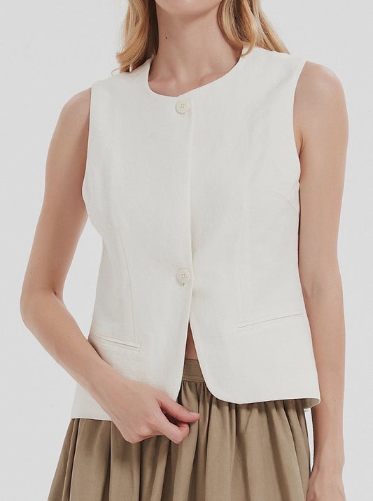 Handmade Linen Blend Waistcoat-Ivory