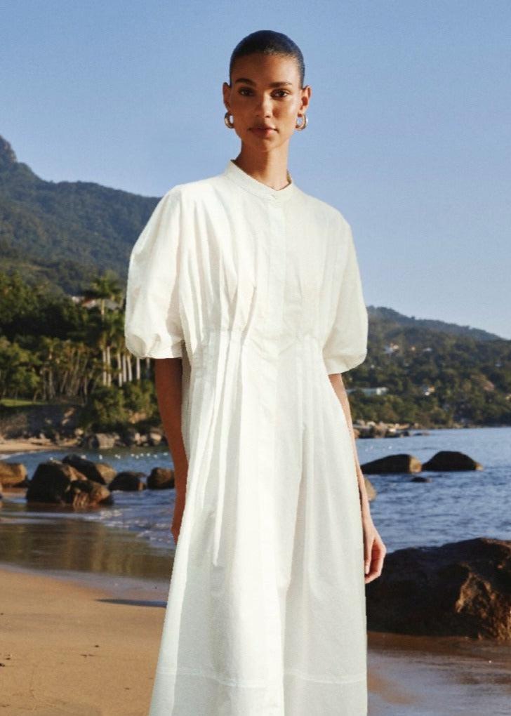 white cotton midi shirt dress White 100% Cotton Button-Down Midi Shirt Dress 42" / Regular (5'2"
