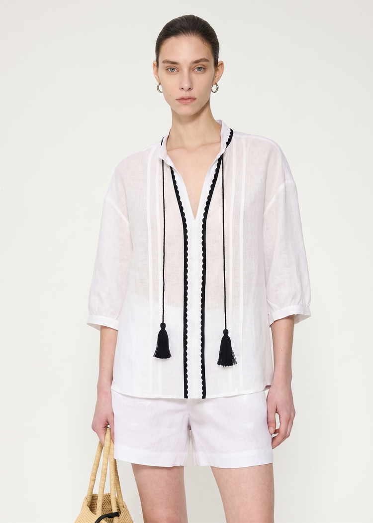 White Linen Shirt with Tassel Strings