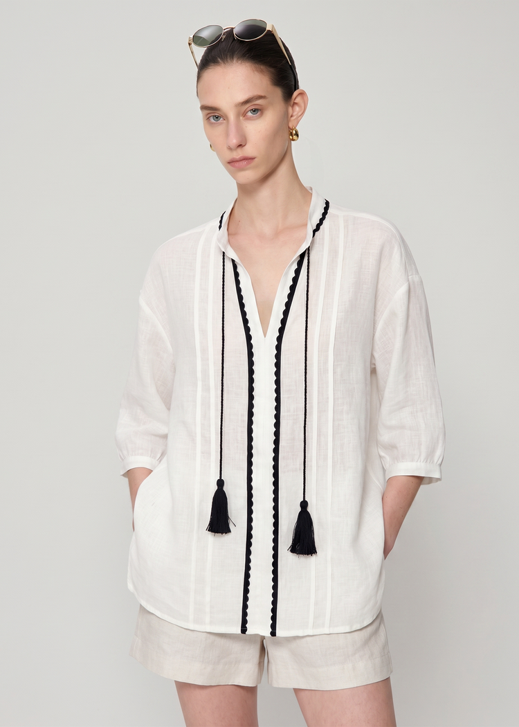White Linen Shirt with Tassel Strings