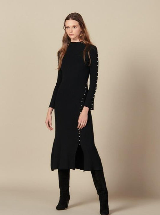 Knitted Maxi Split Dress with Pearls